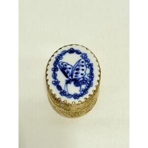 Vintage Chinese Blue Porcelain Lid Butterfly Metal Trim Oval Mirror  Jewelry Box